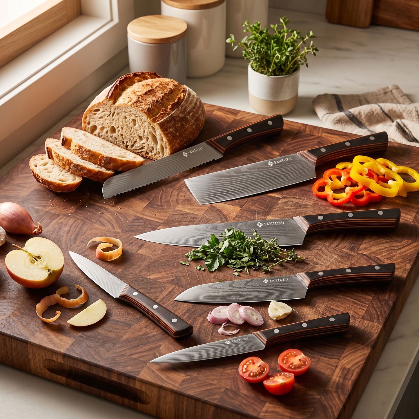 Set di coltelli da cucina Yuhi da 6 pezzi con motivo damasco con manici in pakkawood e confezione regalo