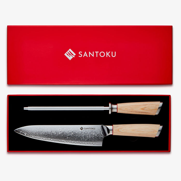 Set di scatole Haruta VG10 Coltello da chef giapponese in acciaio damasco da 8 pollici e acciaio per affilare diamantato da 13 pollici