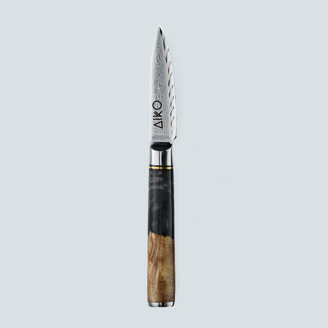 Coltello Aiko in Acciaio Damasco Nero con Manico in Resina Nera Colorata