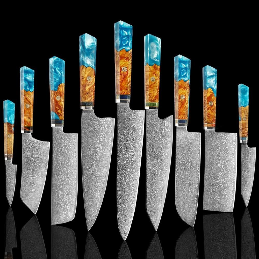 Coltelli in acciaio Makito Damasco con manico in resina blu colorato