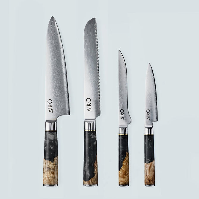 Coltello Aiko in Acciaio Damasco Nero con Manico in Resina Nera Colorata