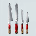 Coltello Aiko in acciaio damasco rosso con manico in resina colorata rossa