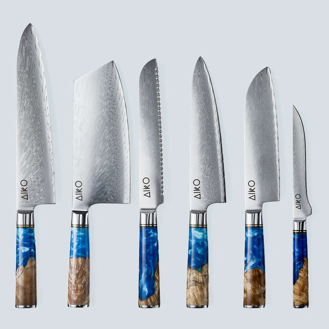 Coltello Aiko in Acciaio Damasco Blu con Manico in Resina Color Blu