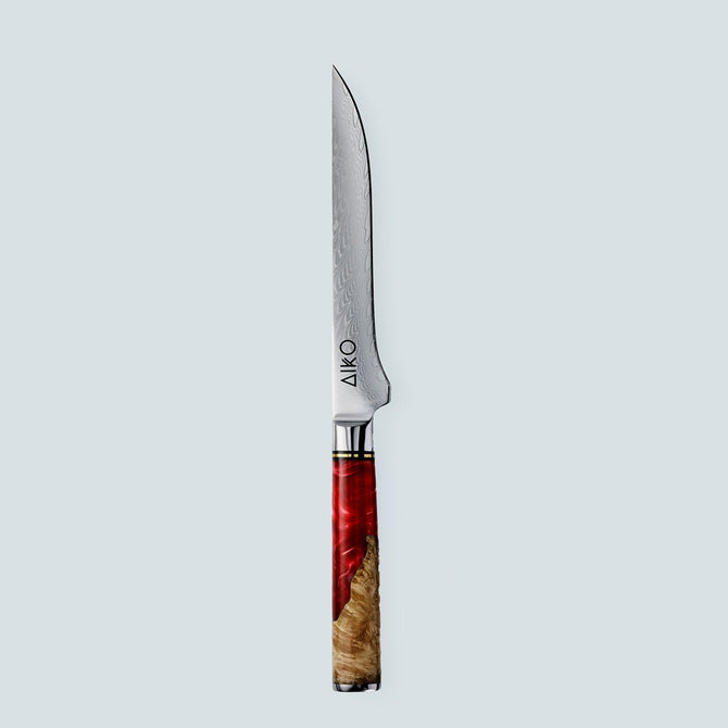 Coltello Aiko in acciaio damasco rosso con manico in resina colorata rossa