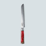 Coltello Aiko in acciaio damasco rosso con manico in resina colorata rossa