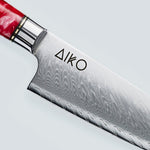Coltello Aiko in acciaio damasco rosso con manico in resina colorata rossa