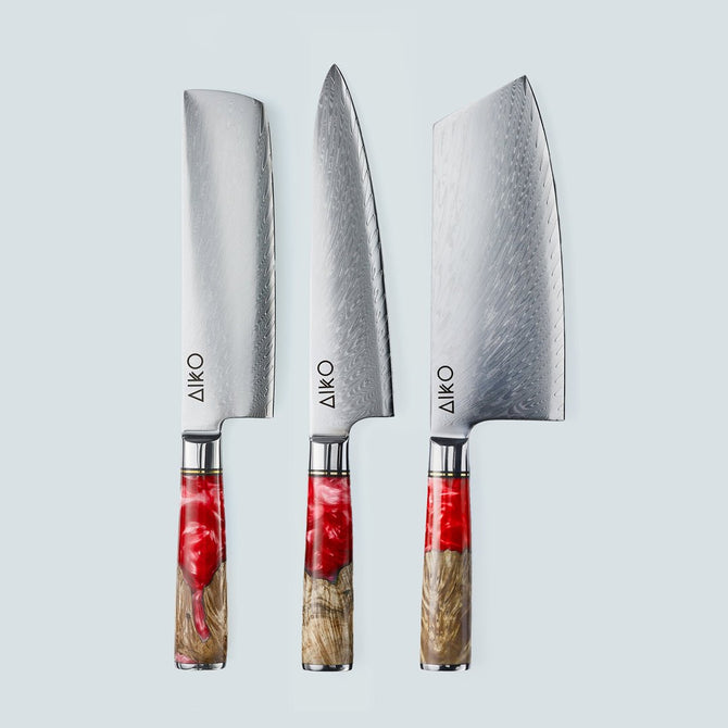 Coltello Aiko in acciaio damasco rosso con manico in resina colorata rossa