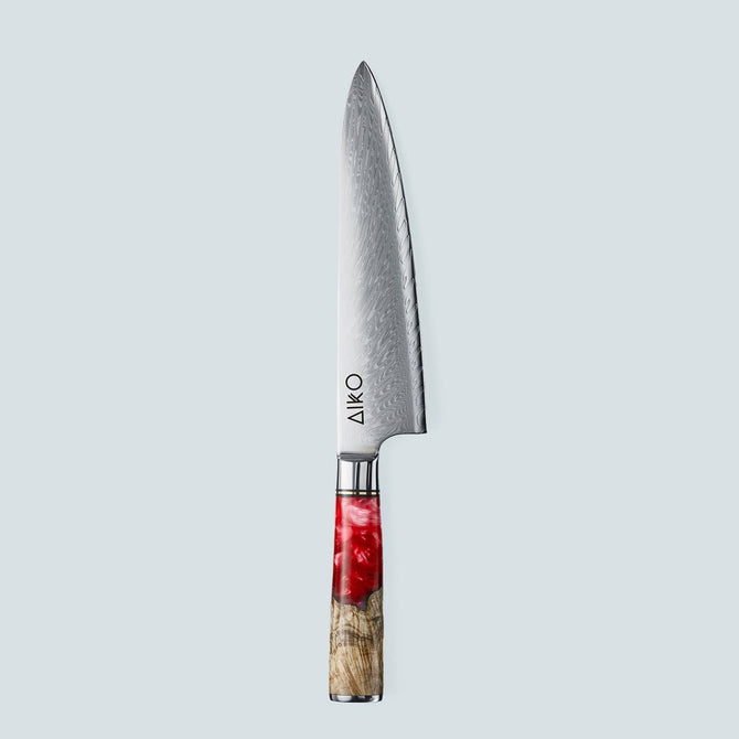 Coltello Aiko in acciaio damasco rosso con manico in resina colorata rossa