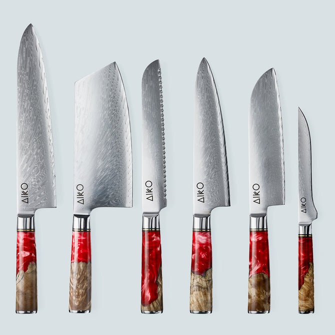 Coltello Aiko in acciaio damasco rosso con manico in resina colorata rossa