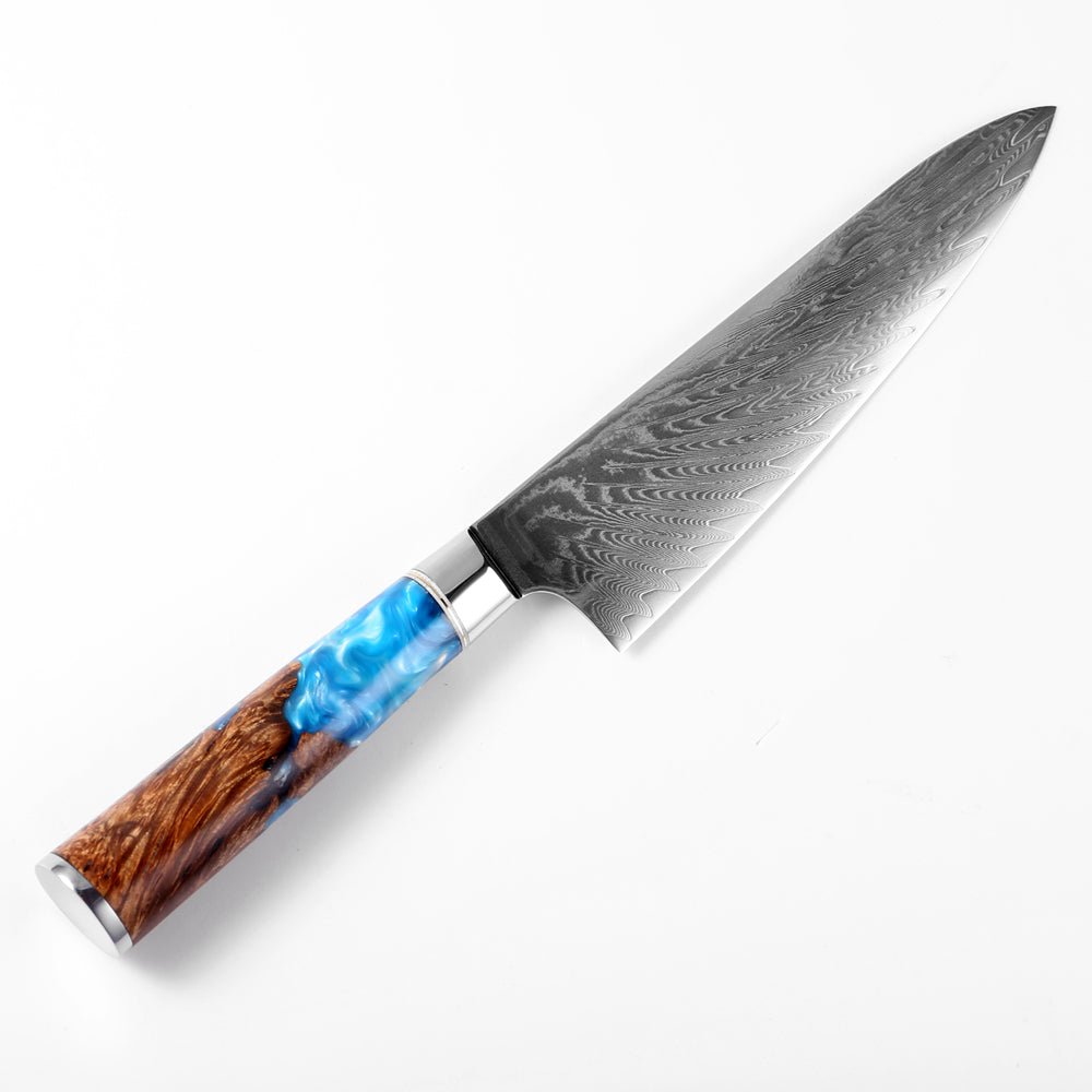 Gyuto (牛刀) Coltello d'acciaio Damasco con manico in resina blu colorato