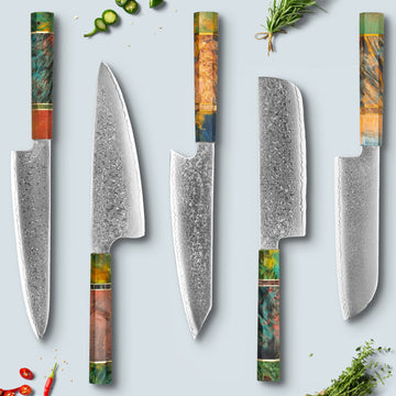 Ichika (いちか) damasco coltello in acciaio con manico ottagonale colorato