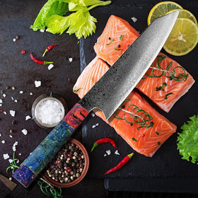 Coltello Kiritsuke in acciaio damasco con manico in ebano colorato